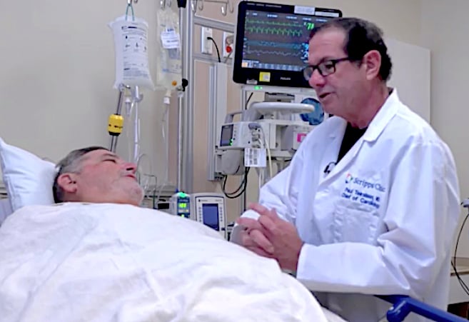 TAVR Patient Ed White speaks with Paul Teirstein, M.D., Scripps Clinic chief of cardiology, the interventional cardiologist who performed the TAVR procedure on White, following the procedure Sept. 3.