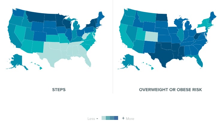 Fitbit big data heat map from Fitbit wearable health tracker users showing a comparisons of steps vs. obesity rates by state. Population health data from consumer wearables