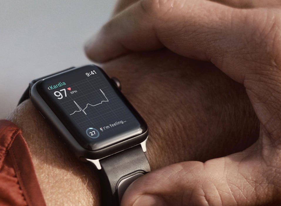 The AliveCor Kardia watch is a wearable ECG monitor that interfaces with AI analysis apps and allows waveforms and data to be e-mails to a doctor.