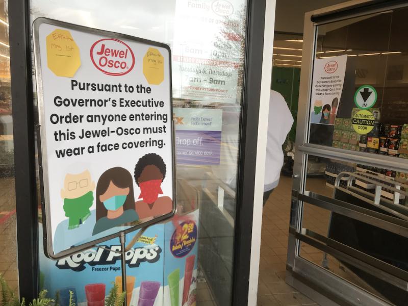 Face masks began to become manditory to enter stores in several states as the pandemic worsened during the first wave in the U.S. March-May 2020. These are the signs at the entrance to a local grocery store in the Chicago suburbs, telling shoppers they need masks to enter the store. Photo by Dave Fornell