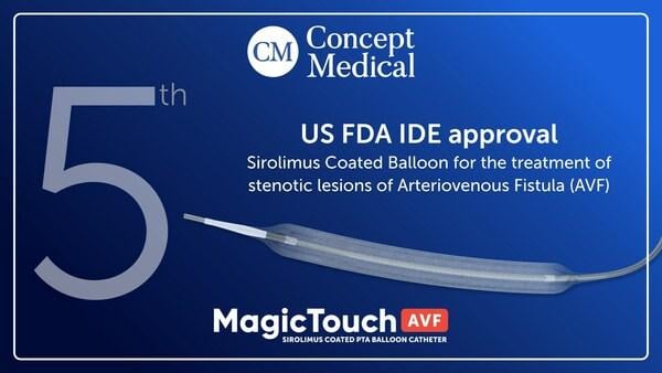 Concept Medical has received FDA IDE Approval for a US Clinical Study of its MagicTouch AVF, its Sirolimus drug-coated balloon (DCB) catheter..