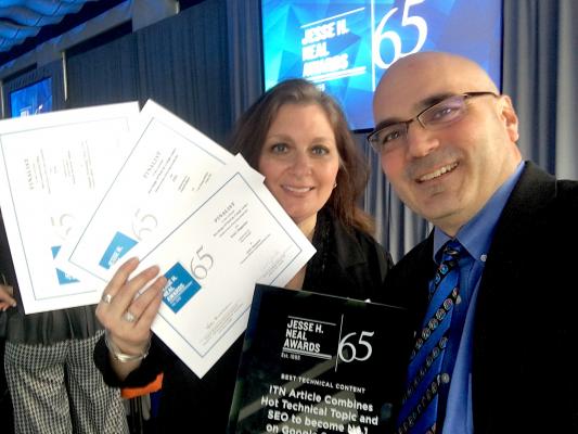 DAIC and ITN Editor Dave Fornell holds the 2019 Neal Award for best technical content with DAIC/ITN Editorial Director Melinda Taschetta-Millane, who is holding the finalist certificates for three other award entries at the award luncheon in New York City in March. 