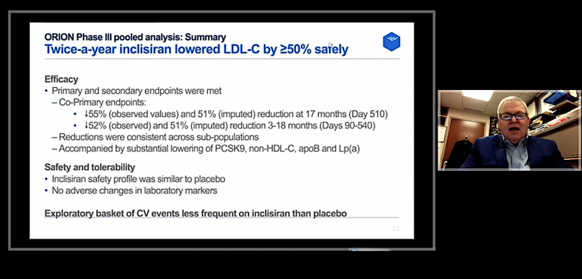 Scott Wright, M.D., Mayo Clinic, presenting the results at ACC on the two-dose a year LDL-lowering drug inclisiran, which had a significant reduction in LDL in the ORION Trial. #ACC20 #ACC2020
