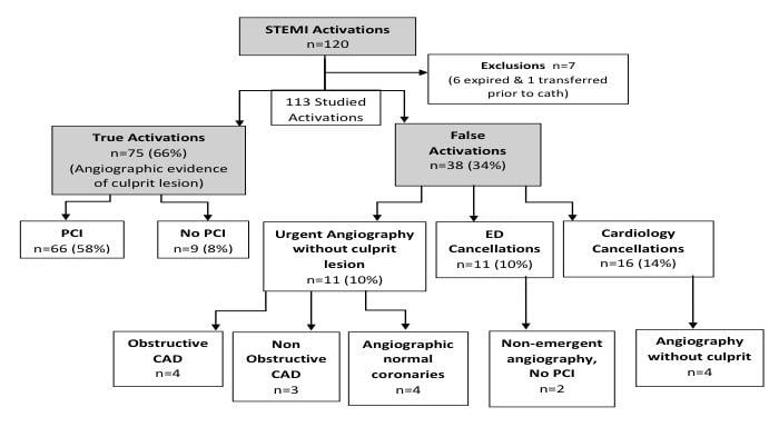 Figure 1: Study participant flow chart. This study looked at ECG factors that lead to misinterpretation of STEMI heart attack diagnosis in a community hospital and EMS system, leading to inappropriate cardiac catheterizations.