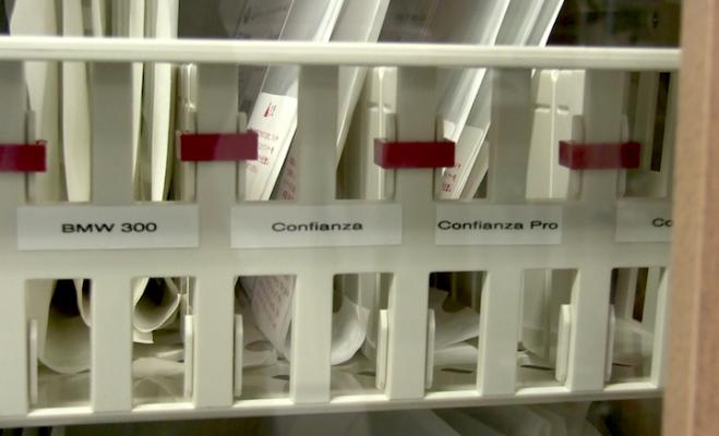 Bins labled for guidewires in the supply cabinets of the main CTO cath lab at the University of Colorado.