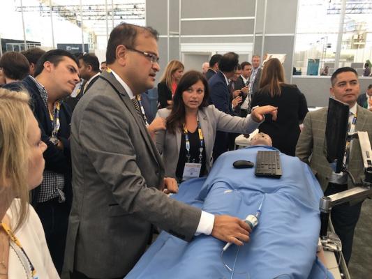 A hands-on-training session at TCT 2018 that instructed interventional cardiologists how to use an intra-cardiac echo (ICE) catheter to image the chambers inside the heart with a catheter based ultrasound imaging system.  The training area was sponsored by Siemens Healthineers
