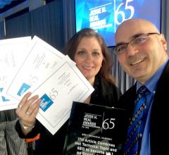 DAIC and ITN Editor Dave Fornell holds the 2019 Neal Award for best technical content with DAIC/ITN Editorial Director Melinda Taschetta-Millane, who is holding the finalist certificates for three other award entries at the award luncheon in New York City in March. 