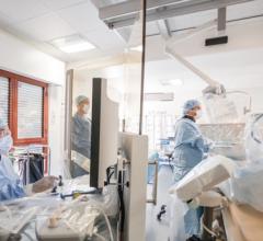 The Robocath R-One cath lab robotic platform being used in Rouen, France, to guide a cardiac Cath procedure. The system gained European approval in 2019. Robocath is now partnering with Philips France and Rennes University Hospital to develop the robotic system to treat strokes.