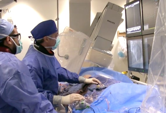 Khaldoon Alaswad, M.D., clearing a chronic total occlusion (CTO) in the cath lab at Henry Ford Hospital.