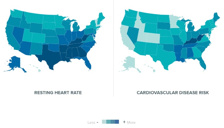 Fitbit population health average daily activity vs. cardiovascular disease rate comparison by state.