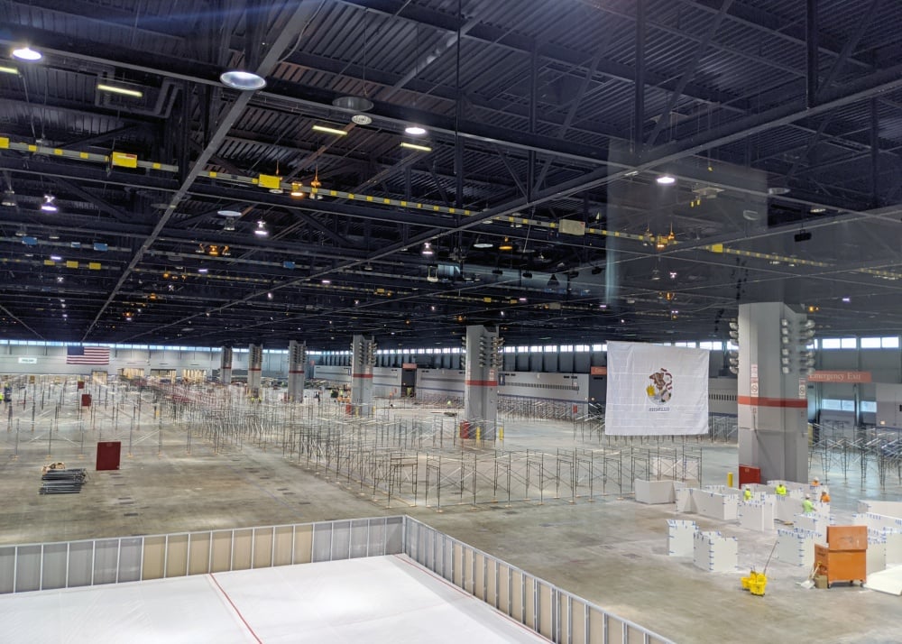 Construction of a COVID-19 Alternate Care Facility at the McCormick Place Chicago convention center April 4. This Hall was supposed to be where the ACC main tent sessions were to be held if ACC in Chicago had not been cancelled.