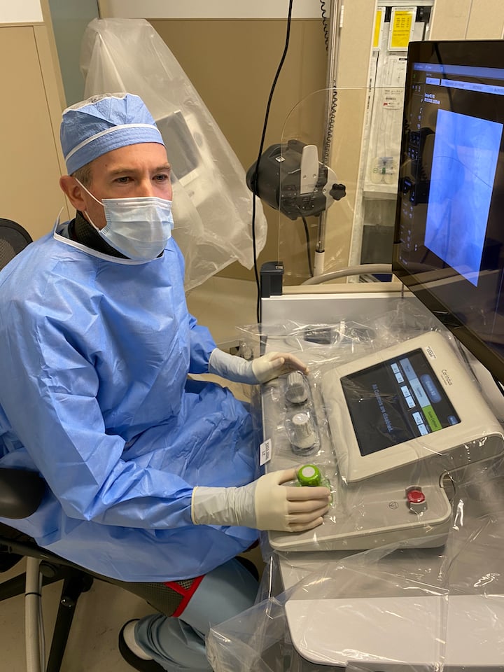 Christopher Baker, M.D., performs a robotically navigated carotid stenting procedure at  Hoag Memorial Hospital Presbyterian using a Corindus Corpath robotic system.