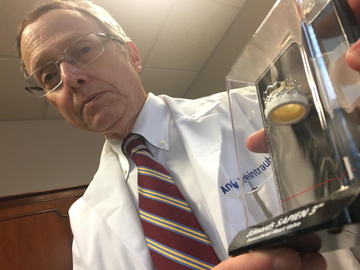 Andrew Weintraub, M.D., holding an Edwards_Lifeciences Sapien 3 TAVR valve. Photo by Dave Fornell