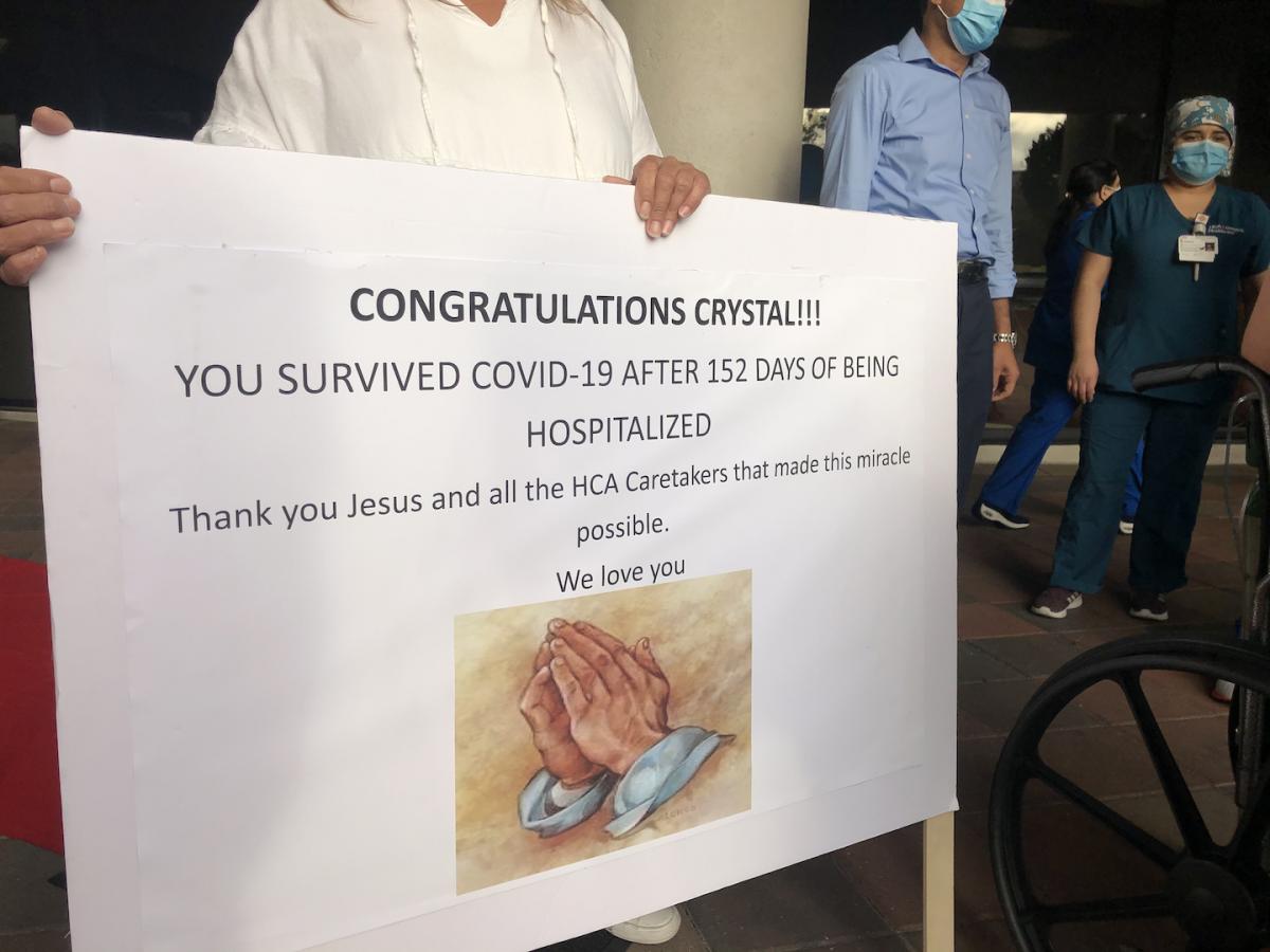 Congratulations sign for COVID suvivor Crystal Gutierrez, who spent 152 days in the hospital, including on ECMO support at HCA Houston Heart.