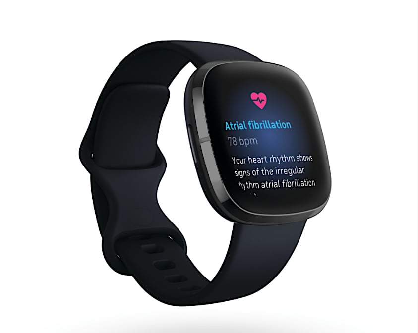 The FitBit Sense wearable heart monitor watch uses artificial intelligence to help diagnose arrhythmias.