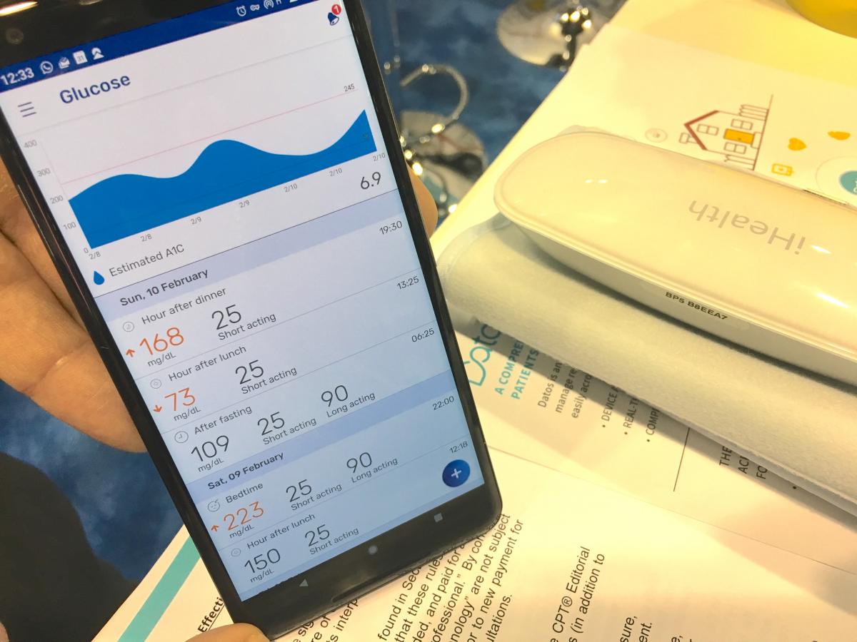 A smartphone glucose monitoring app that integrates with a Blue-tooth enabled blood testing system. Photo by Dave Fornell