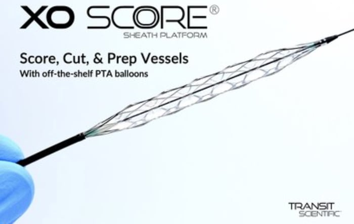 The Transit Scientific XO Score sheath platform that converts a regular angioplasty balloon into a cutting balloon.