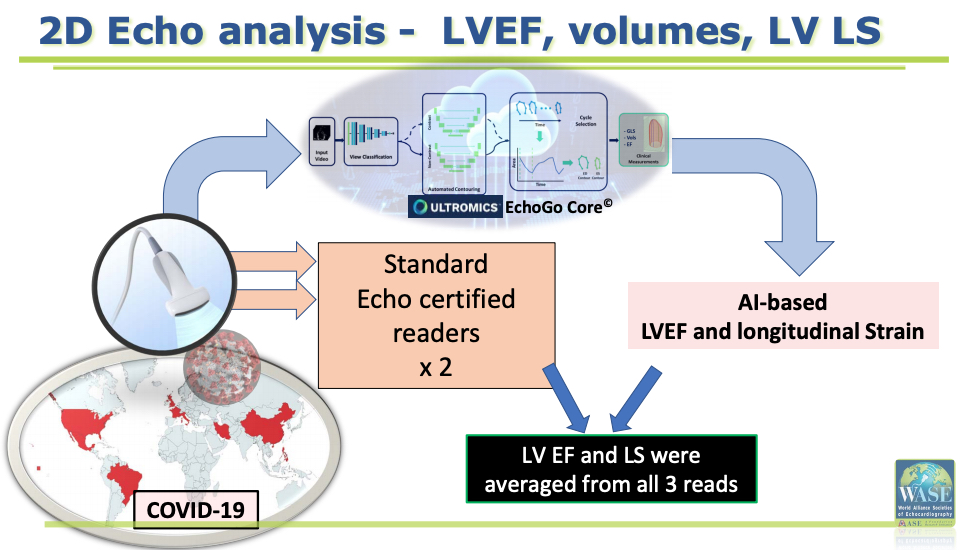 The WASE-COVID Study used the artificial intelligence automated echocardiogram reading software EchoGo-Core from Ultromics to evaluate ejection fraction and left ventricle longitudinal strain in COVID-19 patients to identify risk markers for mortality. The study also compared human vs. AI variability in assessing the exams.