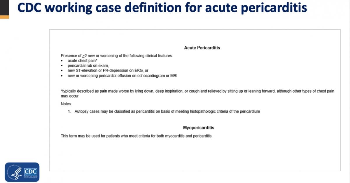 CDC pericarditis working definition being used in reviewing possible COVID vaccine caused myocarditis cases.
