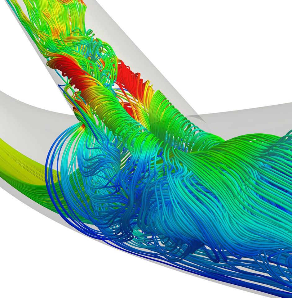 Example of an MRI-derived blood flow fluid dynamics image at the bifurcation of an artery.  Research using this type of imaging is expected to shed a better understanding of coronary artery disease formation. Image from the British Cardiology Society.