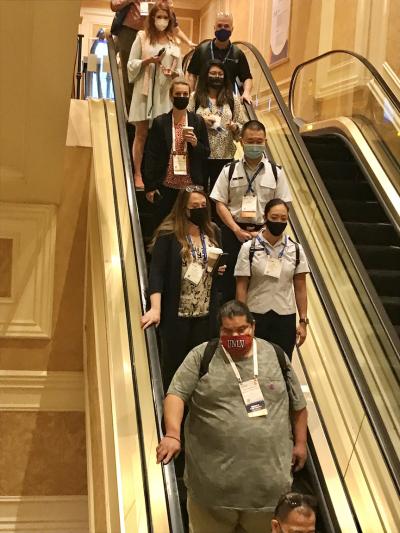 HIMSS 2021 attendees wearing masks to meet Nevada's new mask mandate. During HIMSS, two other large conferences, RSNA and ASTRO, announced they too will require vaccinations and masks at their meetings.