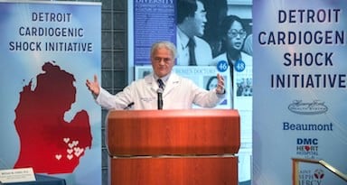 William O'Neill, M.D., speaking about the Detroit Cardiogenic Shock Initiative at Henry Ford Hospital.