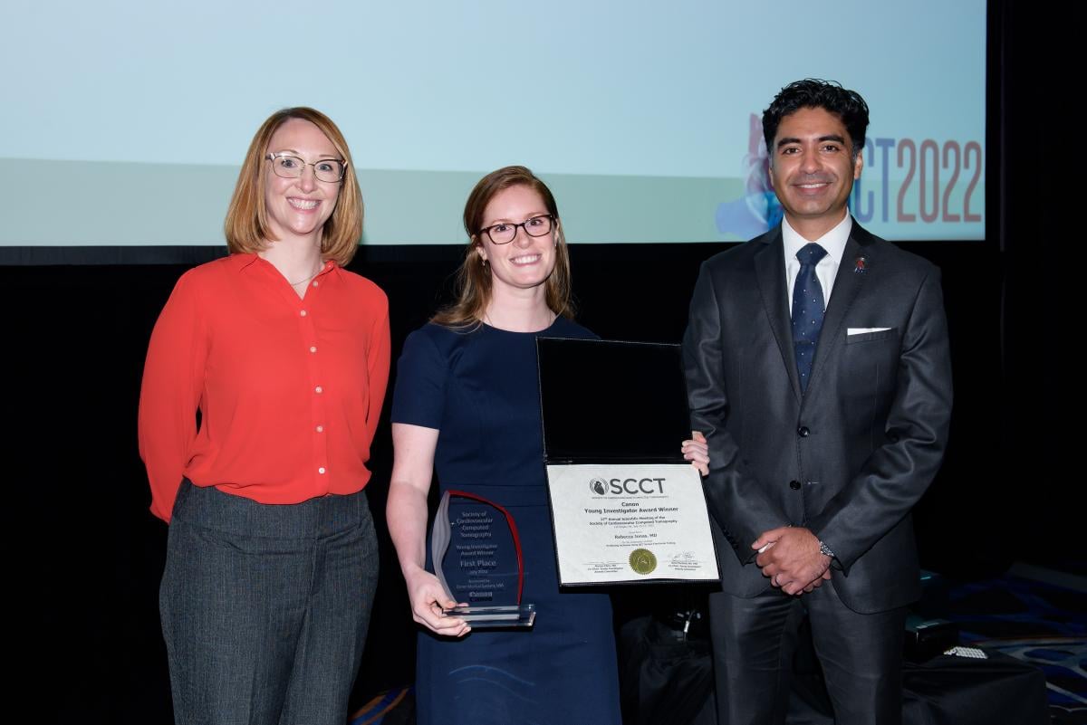 Pictured here (L to R) are Adell May, RT(R)(M)(CT)(MR) of Canon, YIA winner, Rebecca Jonas, MD, and SCCT President Brian B. Ghoshhajra, MD, MBA, MSCCT. Photo courtesy of SCCT.