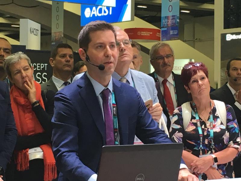 #TCT2019 #TCT #TCT19 Chad Kliger, M.D., Lenox Hill Heart and Vascular Institute, performs a transcatheter left atrial appendage (LAA) occlusion on a simulator in the Siemens booth. He said performing simulations in the cath lab environment can help make things more realistic.