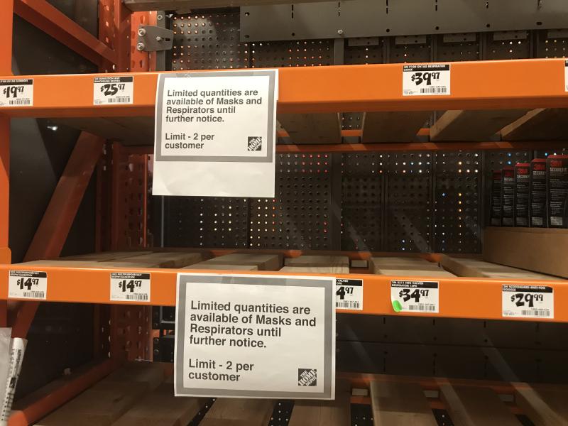 The dust mask selection at a Home Depot store in the Chicago suburbs in July 2020. N95 masks and all other types of dust and surical masks were out of stock at nearly all stores until late summer early fall 2020 as production began to match demand in the U.S. Photo by Dave Fornell