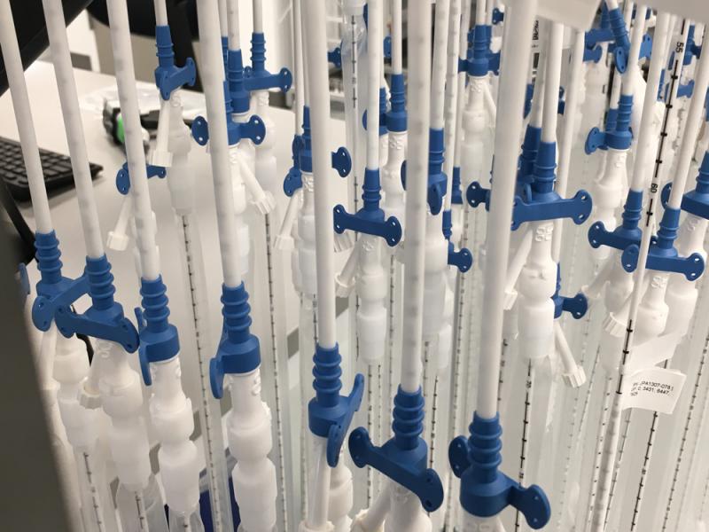 Abiomed Impella pump catheters in the production line are placed in stands as they are completed for inspection.
