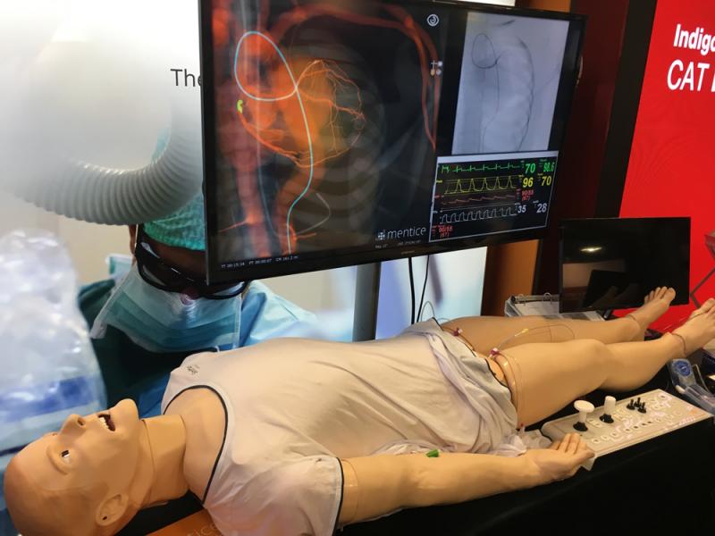 #TCT2019 #TCT #TCT19  Mentice. The patient has respiratory chest motion, eyes blink and it allows for radial or femoral catheterization. The simulator allows for PCI training. When not used for cath training, the patient simulator can be used by other hospital staff training or EMS training.