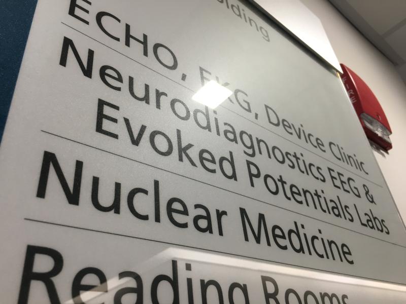 A directional sign in the hall for nuclear imaging at Rush University Medical Center in Chicago. Attendees had a chance to visit Rush on a special tour during ASNC 2019.