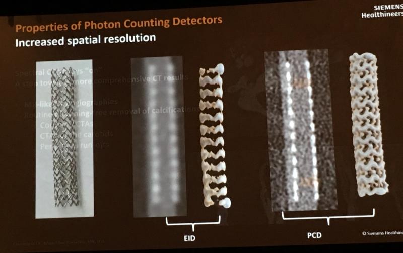 Example of how the photon-counting CT detector being developed by Siemens can improve the resolution of a coronary stent. #SCCT #SCCT2019