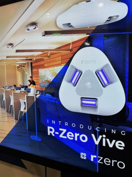 A new type of ceiling mounted UV light designed to constantly sterilize a room while people occupy it, on display at the Healthcare Information Management Systems Society (HIMSS) 2021 meeting this week. The R-Zero Vive uses a low wavelength UV light (222 no) that will not penetrate the skin or eyes, so it can constantly decontaminate a room while it is occupied. This may include a triage room in the emergency department, or a medical imaging room. #HIMSS21