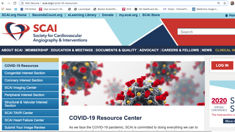 The Society for Cardiovascular Angiography and Interventions (SCAI) COVID-19 resource page on its website in mid-April 2020. Nearly all the cardiovascular societies have created virus resource pages where clinicians can find needed medical information. Patients with cardiac comorbitities have the highest mortality rate among COVID-19 patients, so cardiology departments have become involved in the care of these patients.