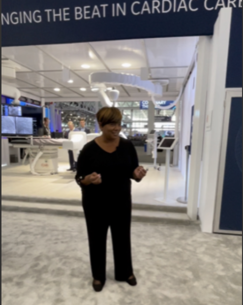 At the GE Healthcare booth, Myrtis Randolph talked with attendees about physician reporting, data gathering and managing inventory using Centricity Cardio Workflow.