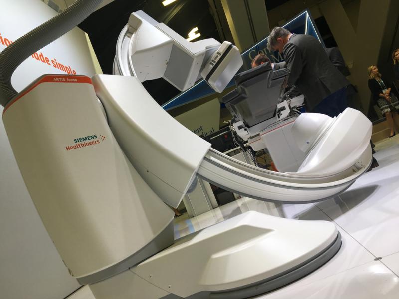 #TCT2019 #TCT #TCT19 The new Siemens Artis Icono angiography system offers an imaging algorithm to automatically adjust to optimize radiation dose and image quality. It has a smaller footprint that most floor mounted systems and has an option to preset the display setup for each operator so they can press one button to have the system configure everything and save about 90 seconds for room set up. Doctors also can interface their iPads if they have specific advanced visualization software or apps they want 