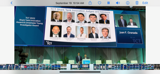 The TCT 2022 Shark Tank Innovation Shark Tank Competition Award Ceremony was hosted by Robert Schwartz, MD, President of the Jon DeHaan Foundation for Medical Innovation, and CRF President and CEO Juan F. Granada, MD, who expressed gratitude to the Judges and Advisory Panel.