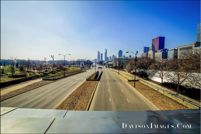 Empty Lake Shore Drive along Lake Michigan in downtown Chicago in the middle of the day during the work week in late March. The city of Chicago called for shelter in place orders and the downtown became a ghost town. Photo by Tom George Davidson. 