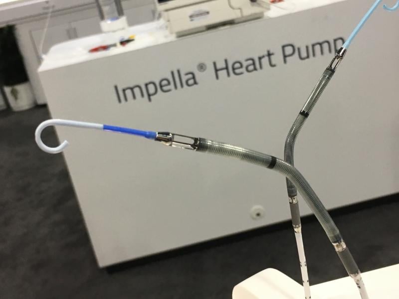 Two versions of the Abiomed Impella percutaneous ventricular assist device being shown at ACC 2018. Impella is the only device currently cleared by the FDA for use in cardiogenic shock. 