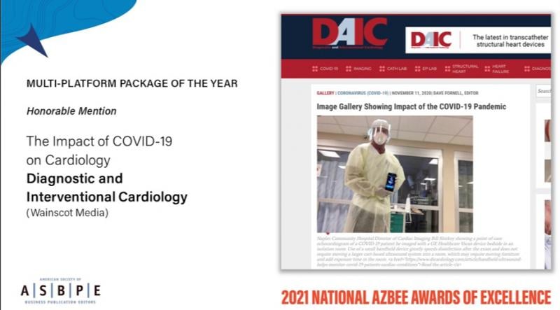 DAIC magazine won Overall Excellence Finalist/Multi-platform Package of the Year for its coverage of the COVID-19 Pandemic’s Toll on Cardiology, National. The entry won an honor mention for its coverage of the COVID pandemic. Dave Fornell is the editor of DAIC.