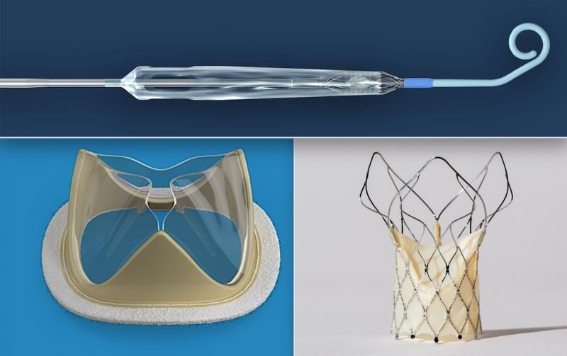 Three of the most popular cardiovascular technologies to make news in June 2020. Top is the Impella Expandable Cardiac Pump (ECP) that is about to enter U.S. feasibility trials.Bottom left, the Foldax heart valve uses a flexible man-made material for valve leaflets rather than animal pericardium tissue. The hope is this new type of surgical and transcatheter aortic valve replacements (TAVR) device will enhance longevity of the valve leaflets. Bottom right, the SMT Hydra TAVR valve is the first Indian-made s