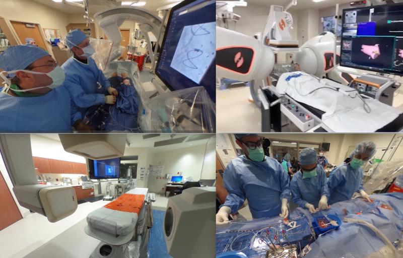 Virtual tour views of a University of Colorado cath lab during a CTO procedure (top left), the new robotic EP lab at Banner Health (top right), a bi-plane EP/cath combo lab at Baylor Heart Hospital Dallas (bottom left, and an ECMO procedure at Tufts Medical Center cath lab. Photos by Dave Fornell