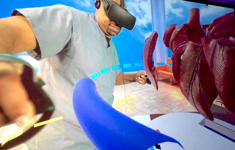 This is a view of the virtual reality system Stanford created to train staff and educate patients and parents about congenital heart conditions and procedures. This video reached more than 36,000 people on Facebook and was the highest performing video from the 2019 Cardiology AI-Med Conference in June.