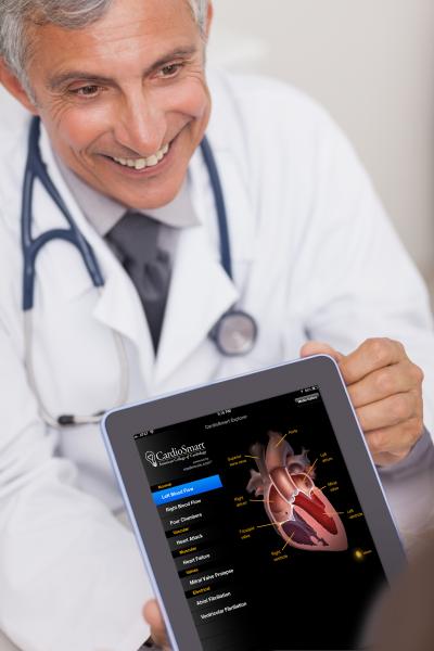 uberization of healthcare. Physicians are starting to "prescribe" smartphone apps to patients for education, tracking their health or to interface with wearable monitor devices. This physician is using an app created by the American College of Cardiology (ACC) to educate a patient about cardiac function.