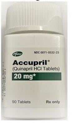 Pfizer is voluntarily recalling five (5) lots of Accupril (Quinapril HCl) tablets distributed by Pfizer to the patient (consumer/user) level due to the presence of a nitrosamine, Nnitroso-quinapril, observed in recent testing above the Acceptable Daily Intake (ADI) level.