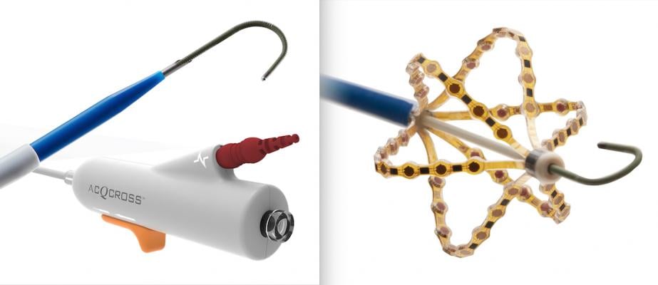 Left, the AcQCross Transseptal Crossing Device offers versatility to be utilized with top sheaths currently used in left atrium EP and structural heart procedures. Right, the AcQMap next-generation mapping catheter integrates high-resolution ultrasound-based imaging and non-contact mapping catheter with improved torque response, handling and maneuverability.