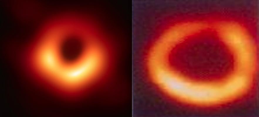 A comparison of the first-ever image of a black hole released this week by the Event Horizon Telescope collaboration et al. and a cardiac nuclear imnaging exam. Left if the black hole, right, is a similar nuclear imaging exam of the heart showing a similar ischemic perfusion defect to the black hole.  Comparison of black hole photo to a cardiac exam.