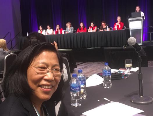 The first all-women panel discussion on structrual heart cases was held at TCT 2019. Rebecca Hahn, M.D., foreground, was the co-organizer of the Women in Structural Heart (WISH) evening session.