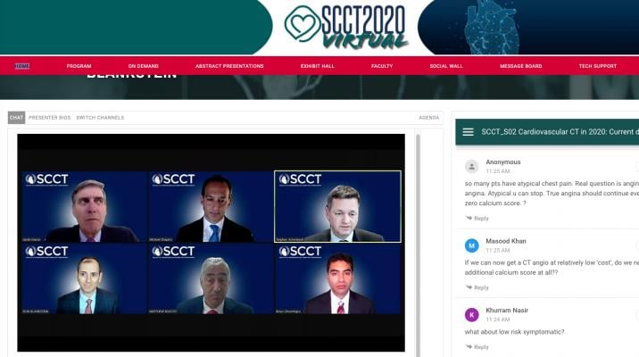 A panel discussion with some of the key opinion leaders at the recent SCCT 2020 virtual meeting. Note the questions on the left side of the screen, where attendees were able to interact with the speakers. #SCCT2020 #yesCCT
